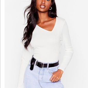 Nasty Gal White Ribbed Asymmetric Bodysuit